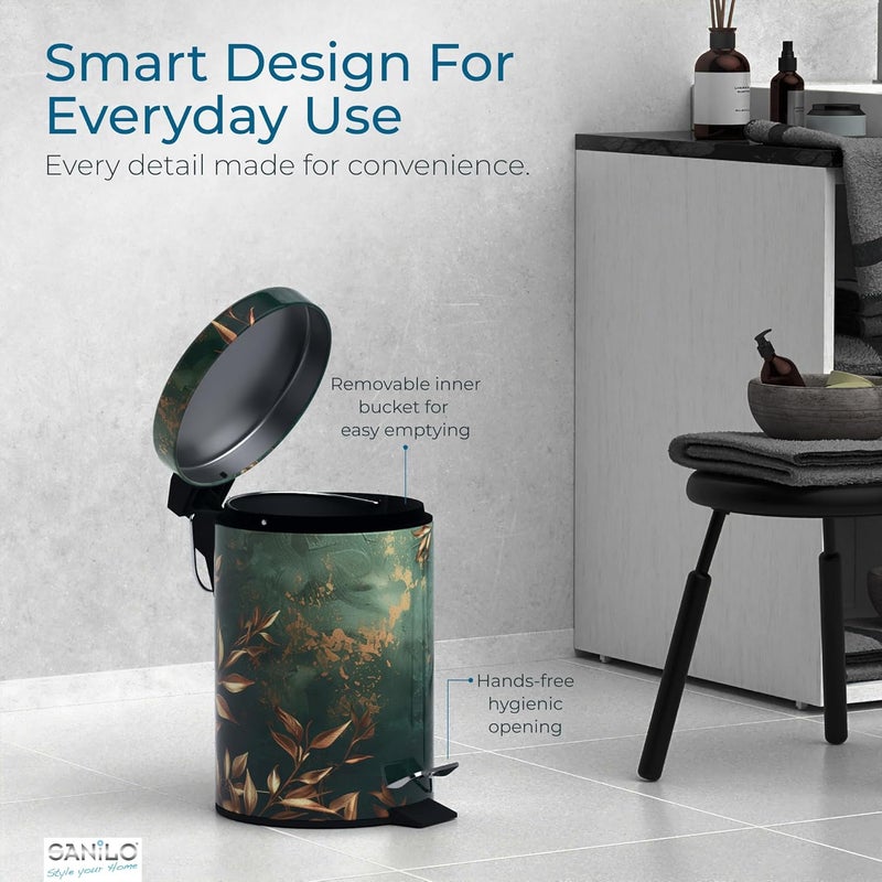 Sanilo Small Bathroom Trash Can with Lid [1.3 Gallon] - Lidded Tiny Trashcan for Garbage - Mini Metal Bin with Soft Closing Mechanism - Bath Room Accessoire Wastebin with Inner Bucket (Greego) - Image 4